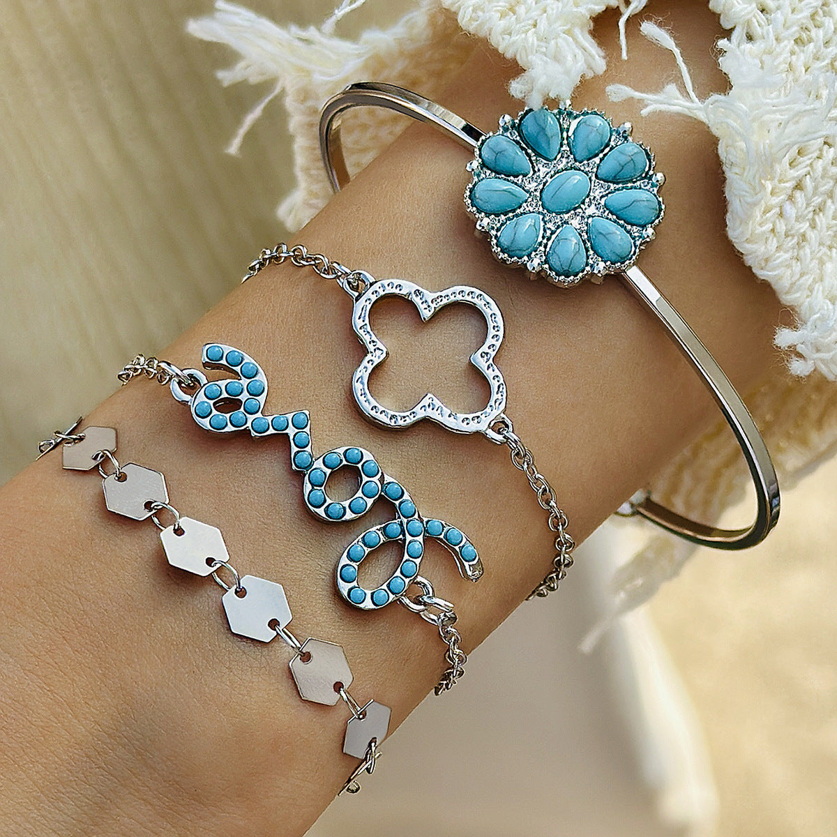 Wholesale Bohemian Turquoise Leaf Bracelet Set