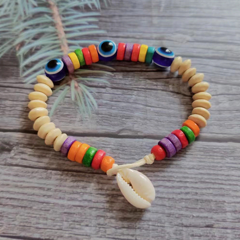 Wholesale Boho Devil's Eye Colored Wooden Beads Natural Shell Bracelet ACC-BT-Youl012
