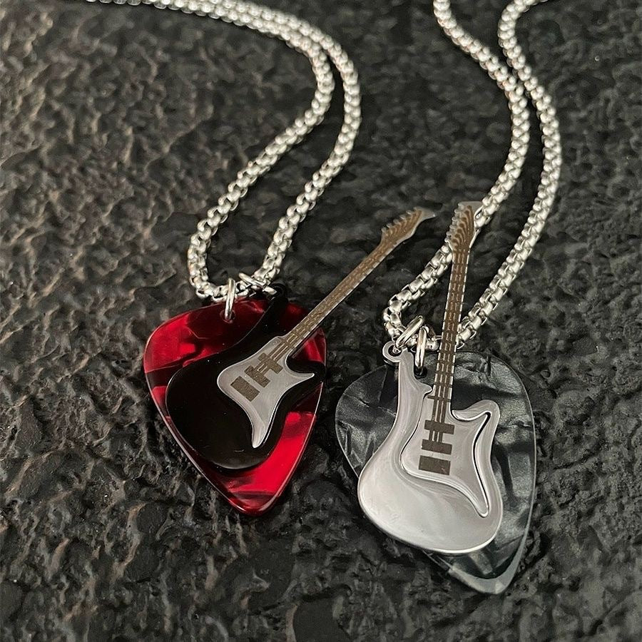Wholesale Punk Rock Guitar Necklace Pendant Titanium Steel Light Engraved Unisex Jewelry Accessory Gift