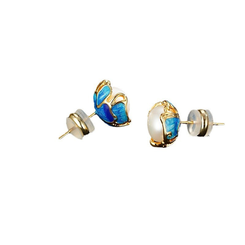 Wholesale pearl blue flower s925 silver needle earring