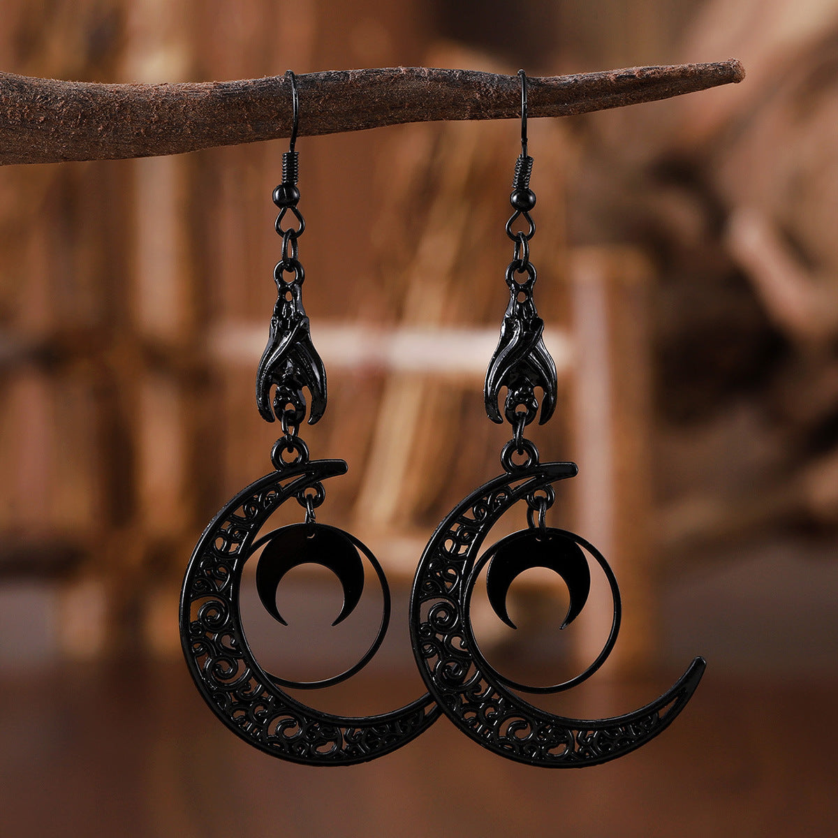 Wholesale Punk dark stitching crescent moon pendant earrings
