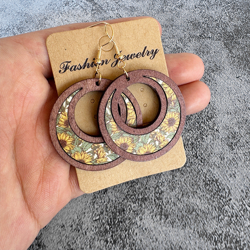 Wholesale Floral wooden earrings sunflower double ring inlaid earrings