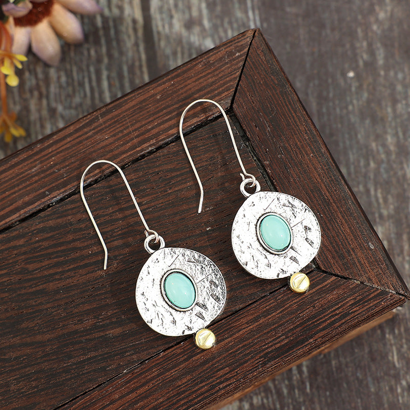 Wholesale Bohemian geometric inlaid synthetic turquoise alloy earrings