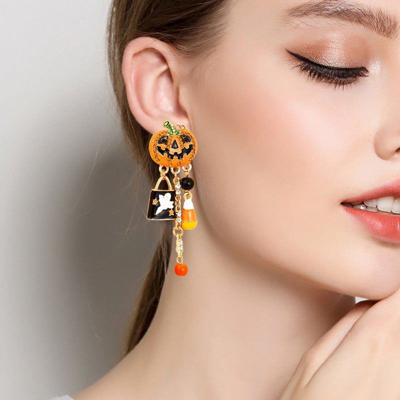 Wholesale Halloween drop oil Diamond pumpkin head ghost pendant earrings
