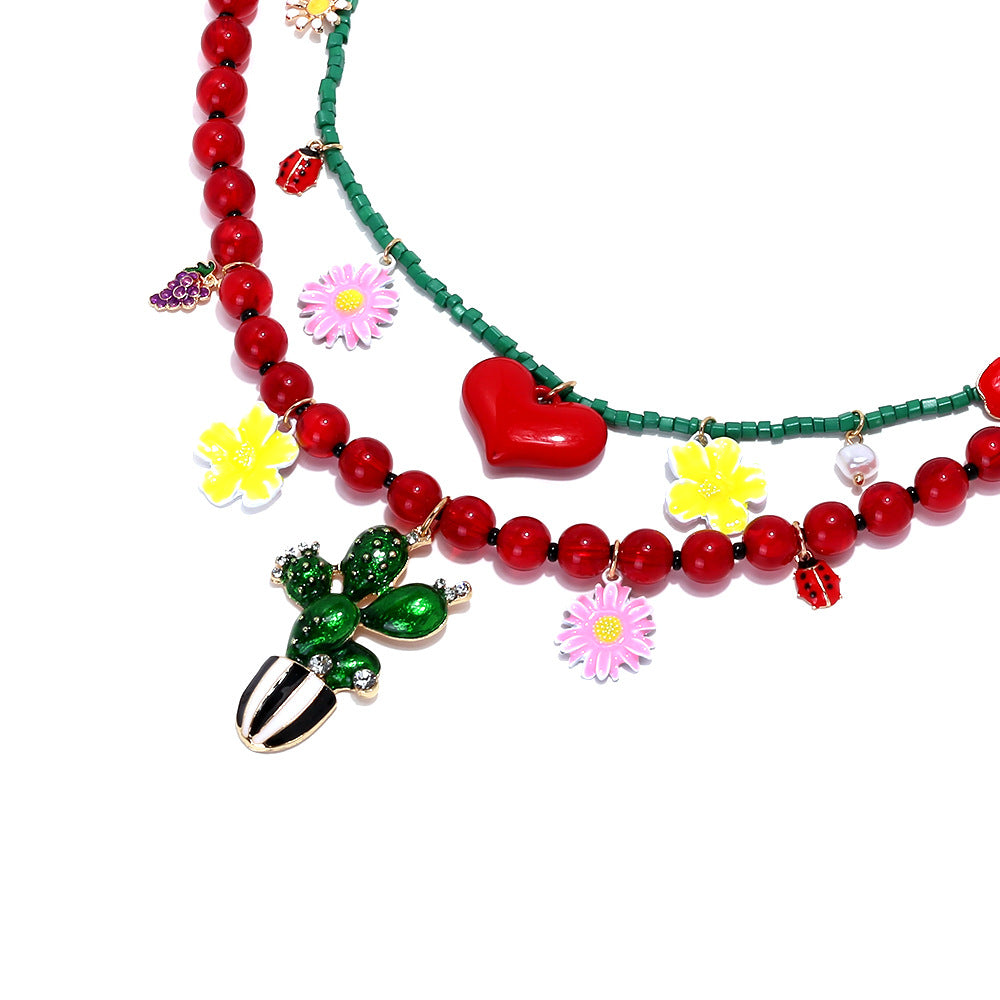 Wholesale  Creative Beaded Heart Cactus Pendant Necklace