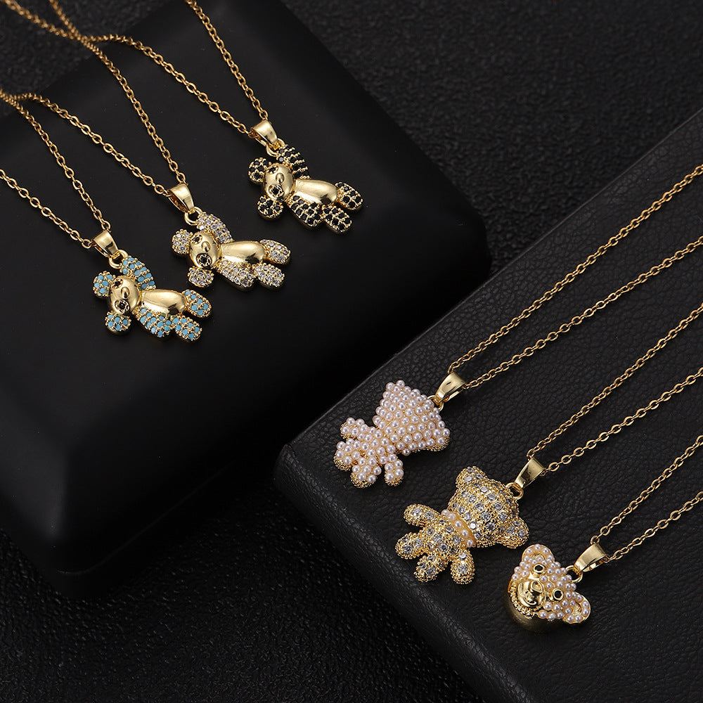 Wholesale Copper Zircon Electroplated Colorful Bear Pendant Necklaces ACC-NE-SY004