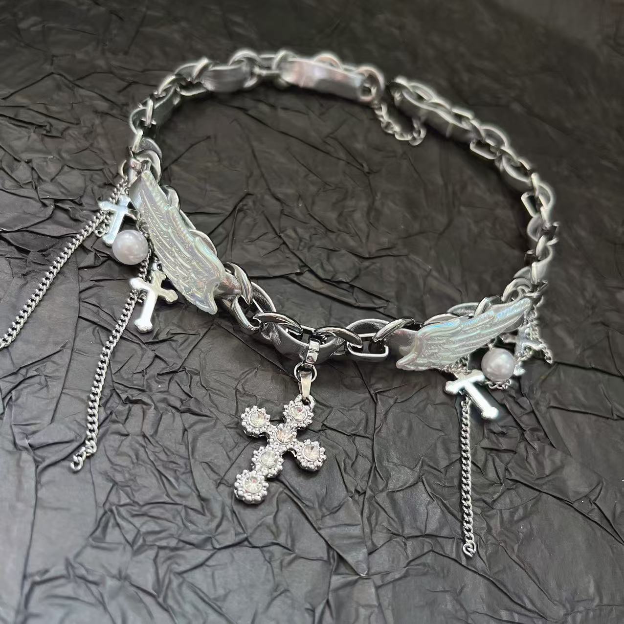Wholesale Stitching Silver Wings Angel Wings Cross Necklace