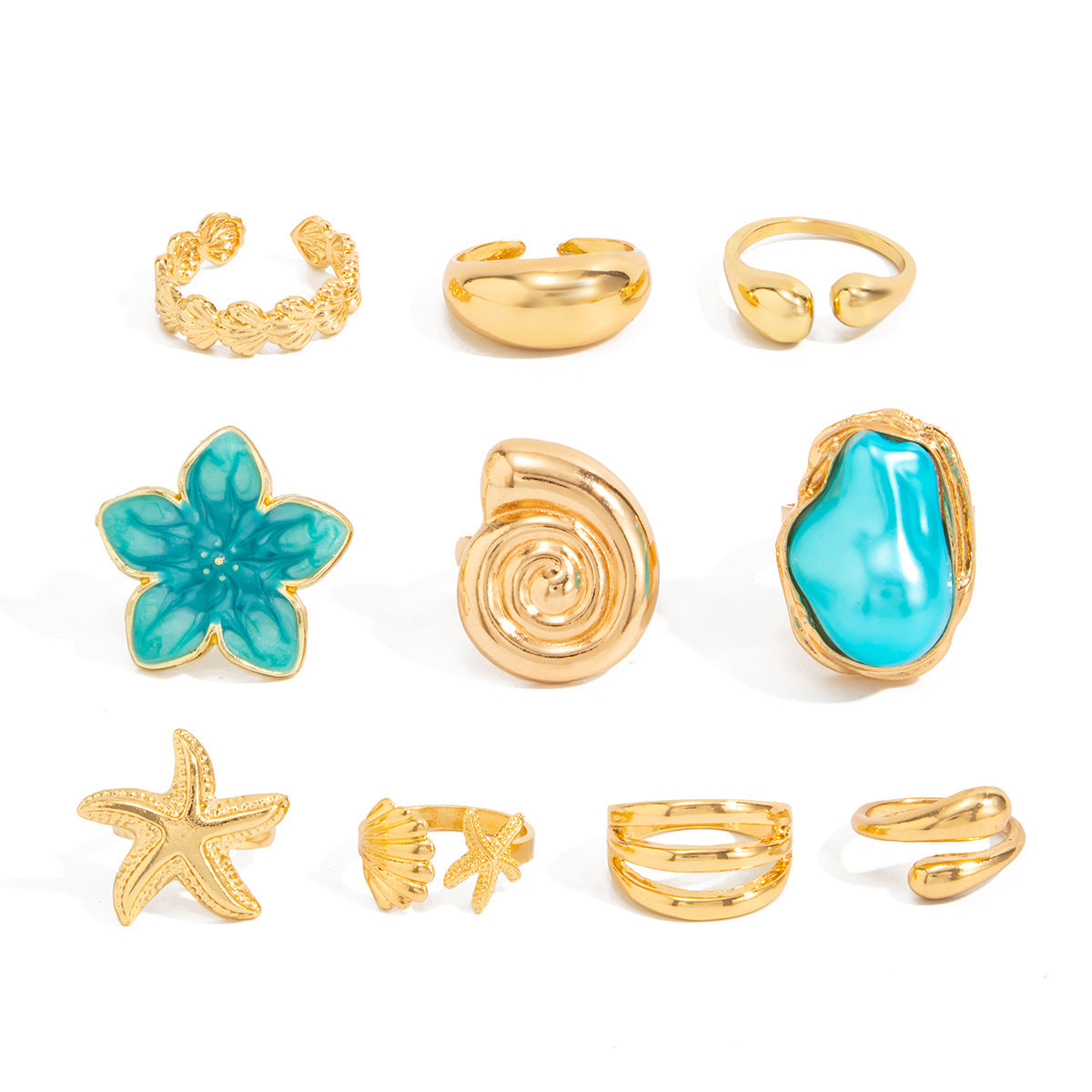 Wholesale Bohemian Vintage Starfish Adjustable Ring - 10-Piece Set,  Fashion Jewelry Accessory Gift