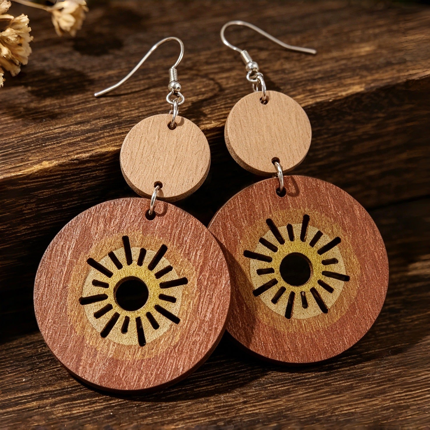 Wholesale Vintage Wooden Sun Earrings Bohemian Double Circle Design Fashion Accessory For Resale