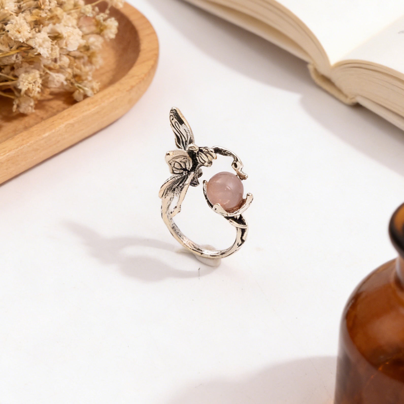 Wholesale Retro Elf Angel Gemstone Open Ring Antique Silver Jewelry Accessory For Gift And Boutique Resale