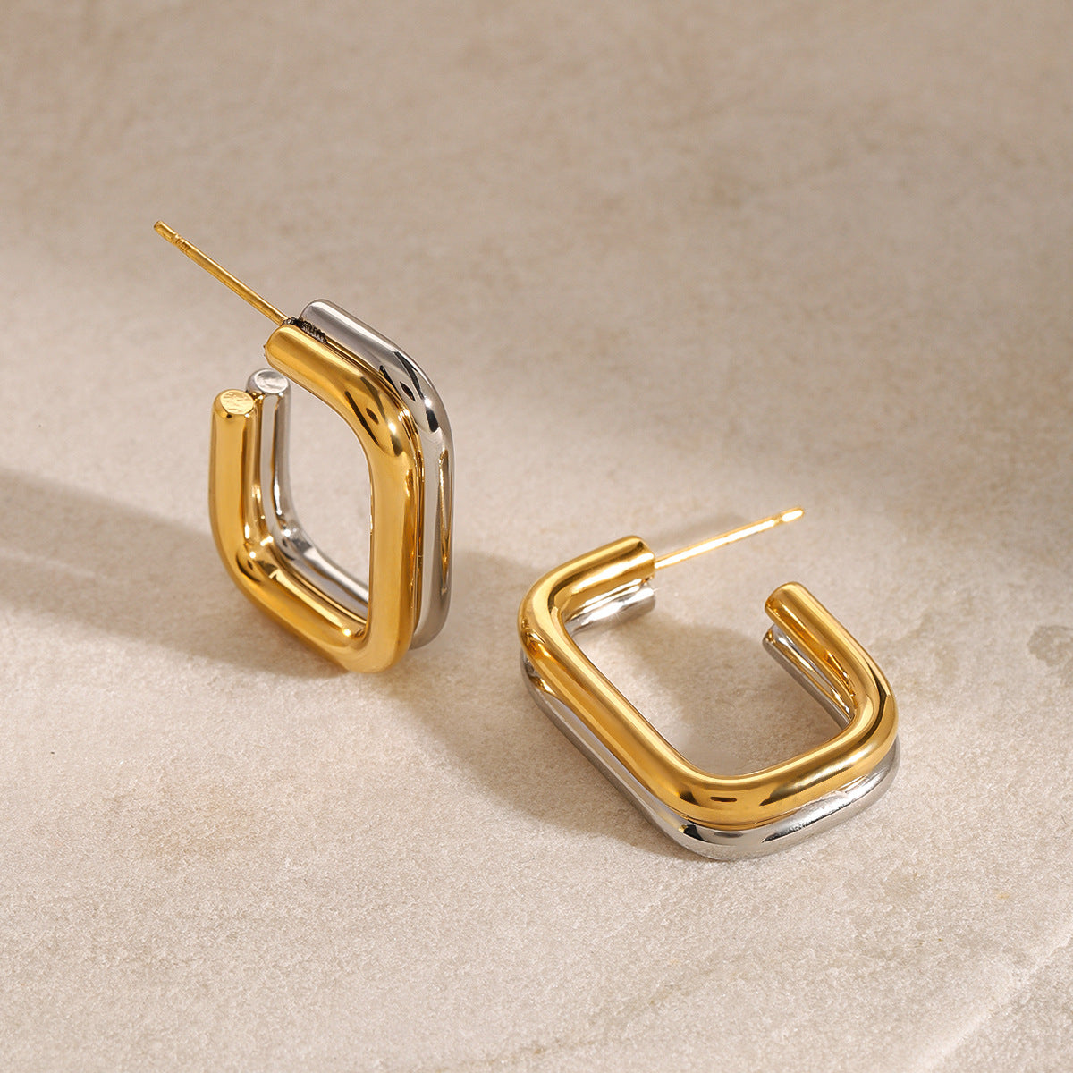 Wholesale  18K gold stainless steel gold and silver color matching square retro  earrings