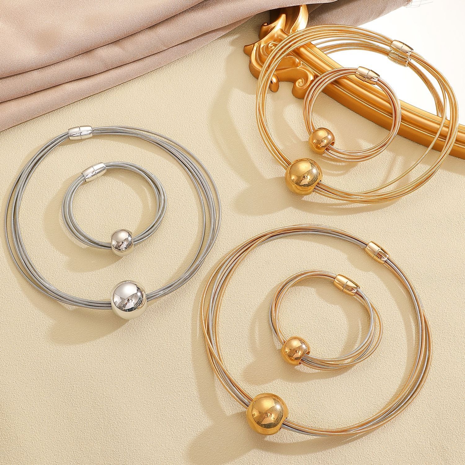 Wholesale Gold Tone Punk Style Multi Layer Chain Necklace And Bracelet Set Geometric Ball Pendant Fashion Jewelry For Gift