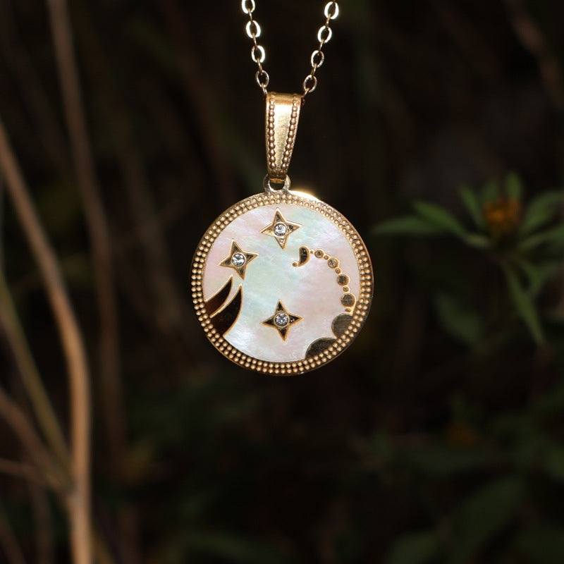 Wholesale Zodiac Diamond Round Shell Stainless Steel Pendant Necklace 18K Gold Plated