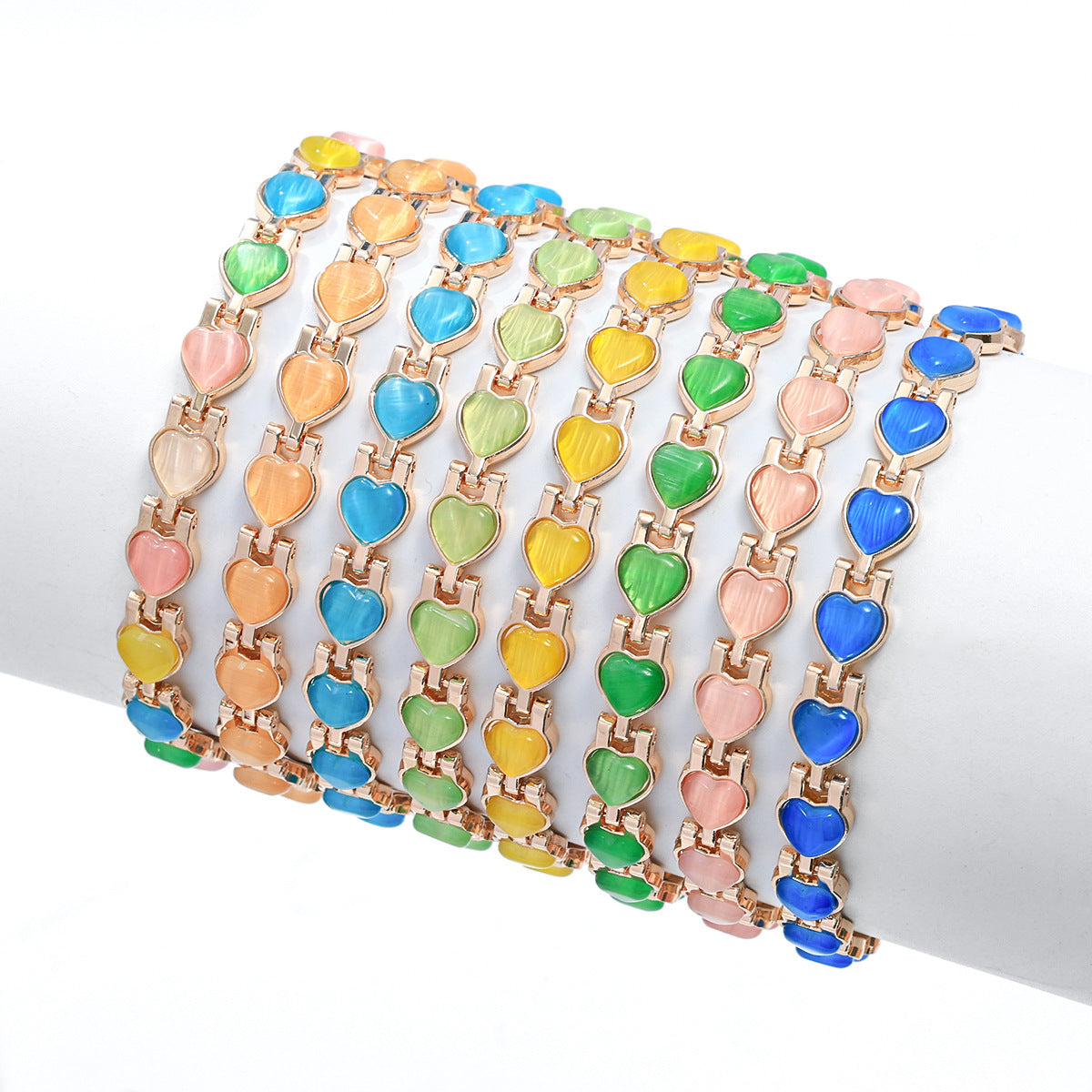 Wholesale Fashion Heart-Shaped Love Bracelet with Imitation Cat' s Eye Stone Zinc Alloy Electroplating Colorful Jewelry Accessory
