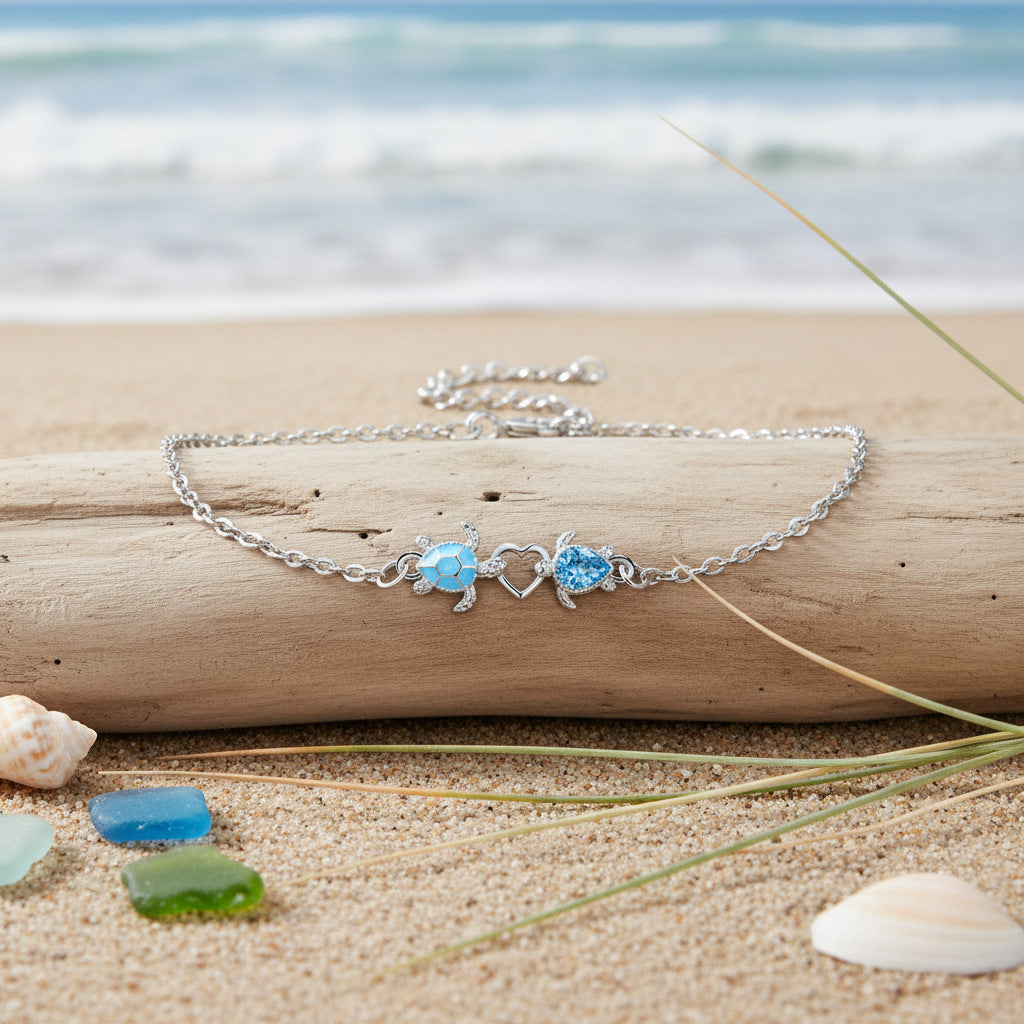 Wholesale Ocean Style Double Turtle Heart Bracelet Blue Zirconia Silver Adjustable Fashion Accessory