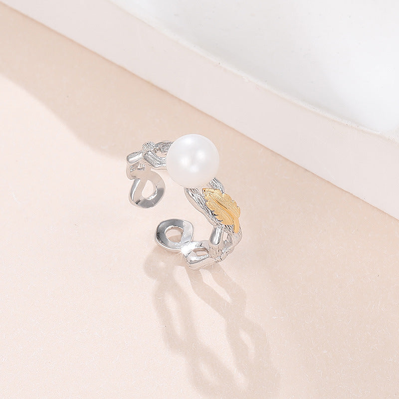 Wholesale S925 Sterling Silver Open Ring  Luxury Pearl Leaf  Ring