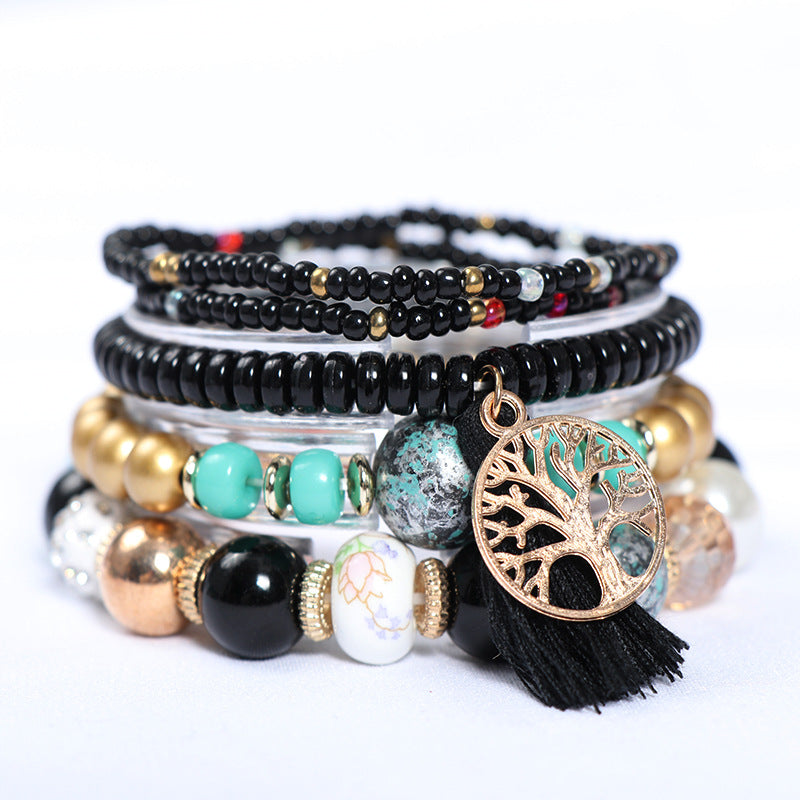 Wholesale bohemian multi-layer tree of life tassel pendant beaded bracelet
