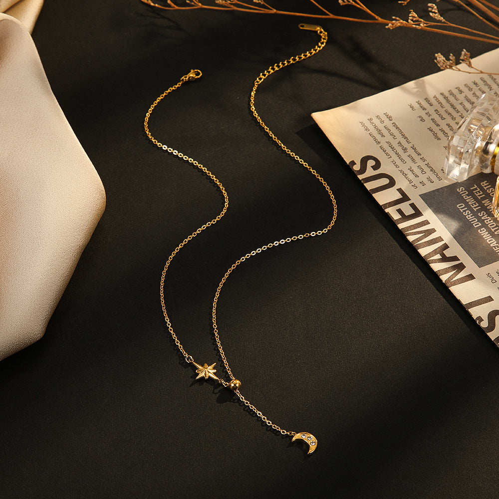 Wholesale  14K Gold Plated Fashion Star Moon Titanium Steel Necklace