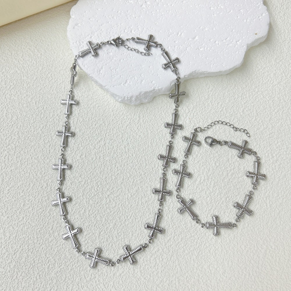 Wholesale  light luxury stainless steel three-dimensional hollow cross bracelet necklace suit