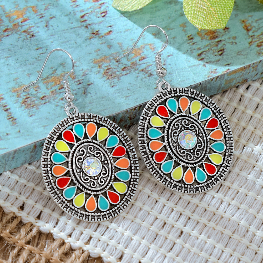 Wholesale Alloy Retro Ethnic Turquoise Bohemian Geometric Oil Drip Earrings Jewelry Accessory