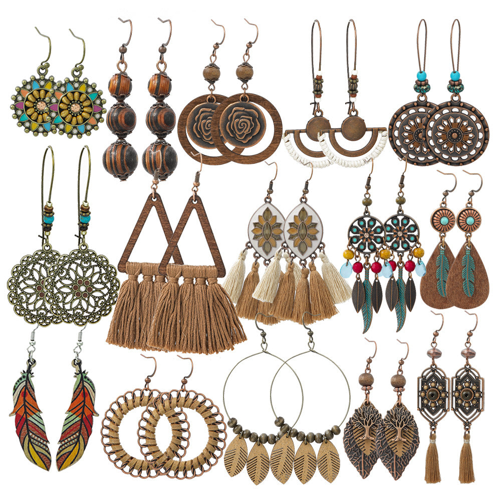 Wholesale Bohemian Tassel Earrings Metal Leather Leaf Circle Fashion Accessory for Party Wear