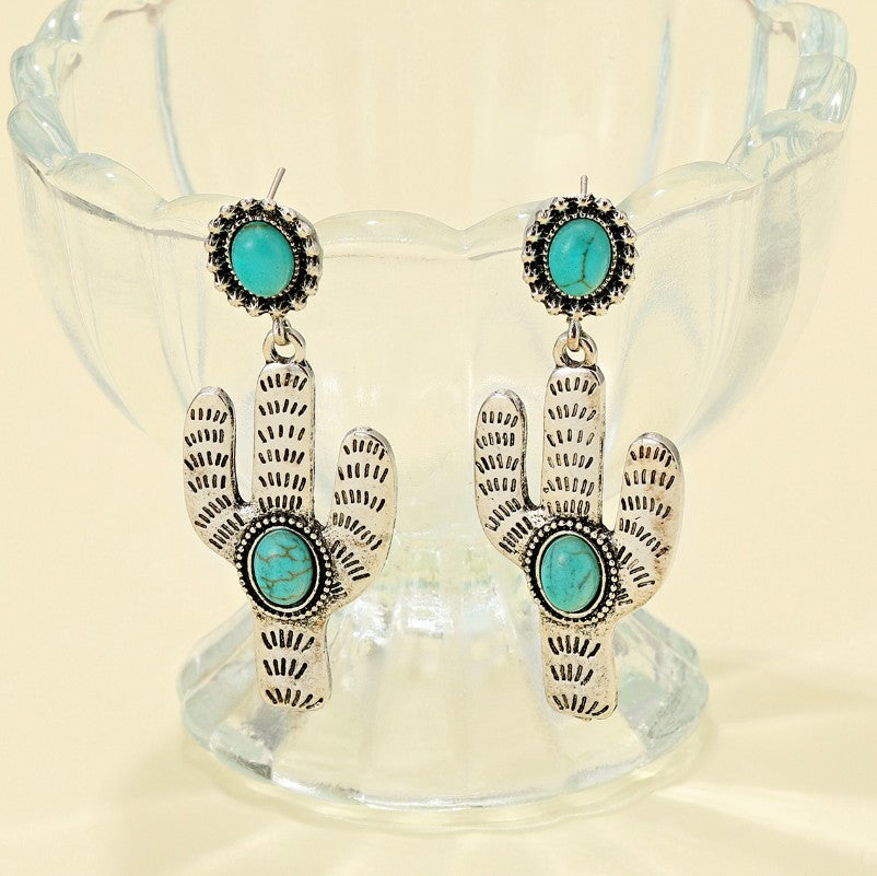 Wholesale Alloy Electroplated Retro Cactus Turquoise Earrings Ladies Jewelry Accessory