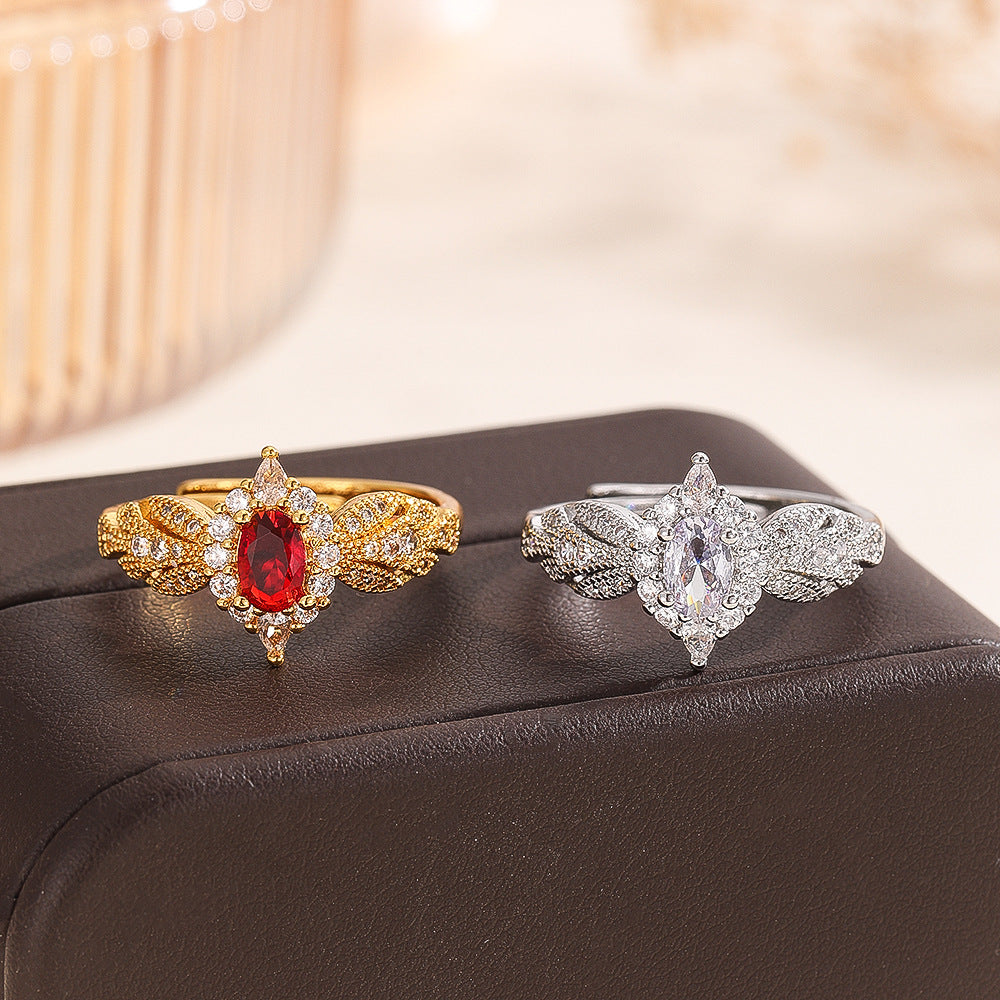 Wholesale Trendy French Royal Style Adjustable Copper Zircon Ring Golden Ruby Electroplated Finish Boutique Jewelry Gift