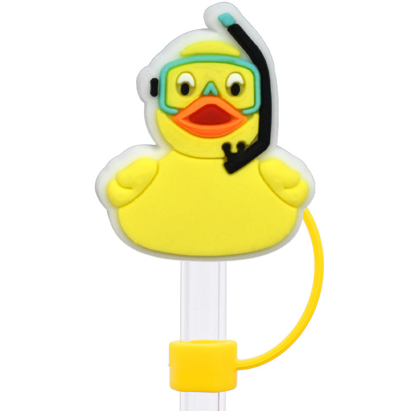 Wholesale Random 100pcs Cartoon yellow duck   10mm PVC Soft Straw Tube Cap