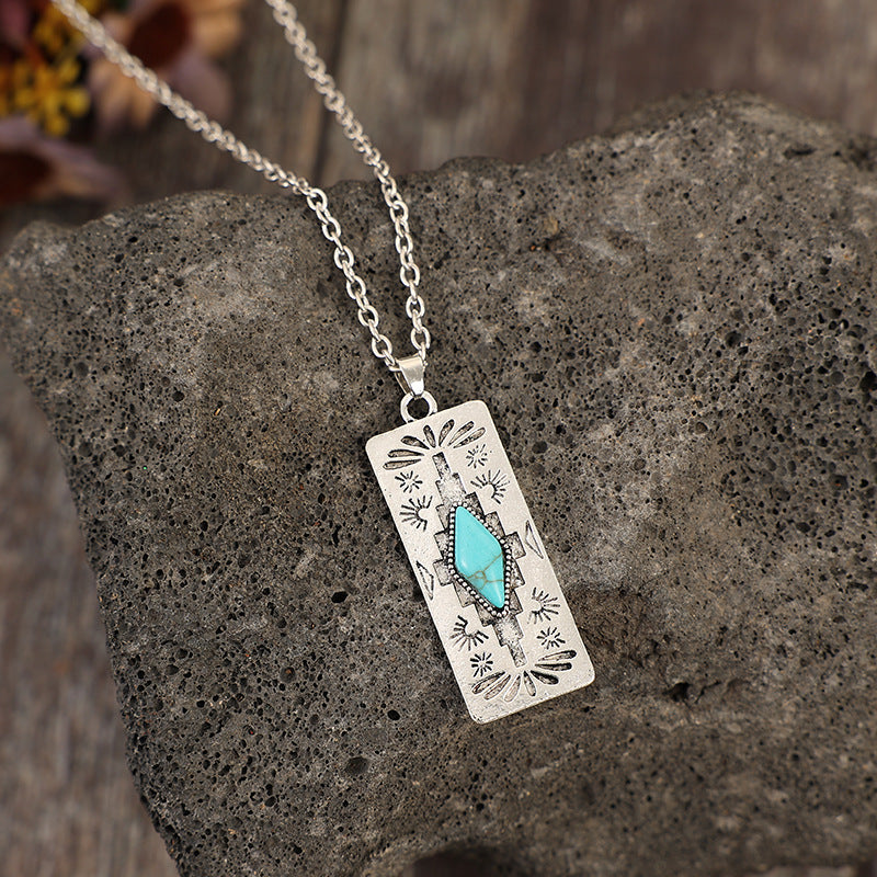 Wholesale Bohemian retro style rectangular inlaid synthetic turquoise fashion necklace