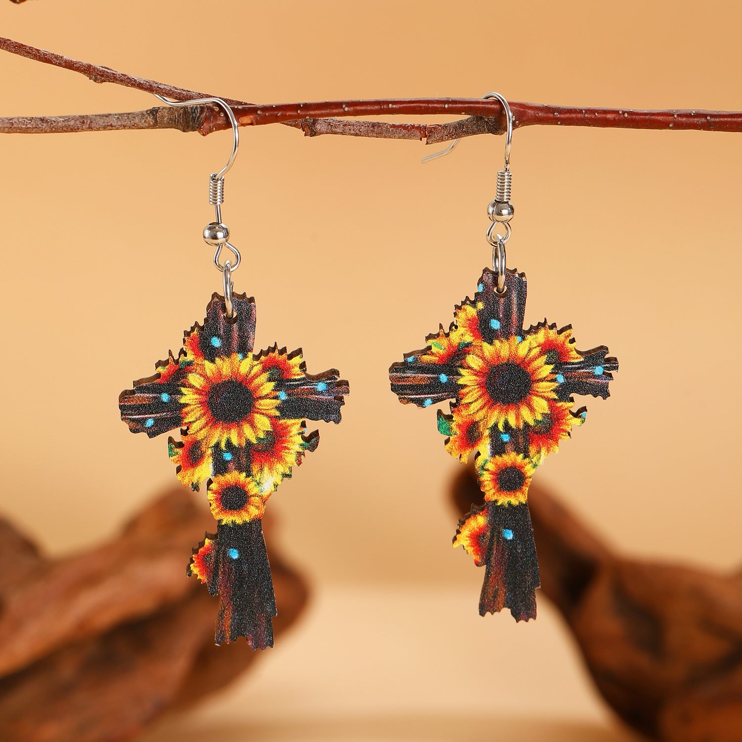 Wholesale Western Style Old Sunflower Colorful Watercolor Cross Pendant Wooden Double-Sided Earrings