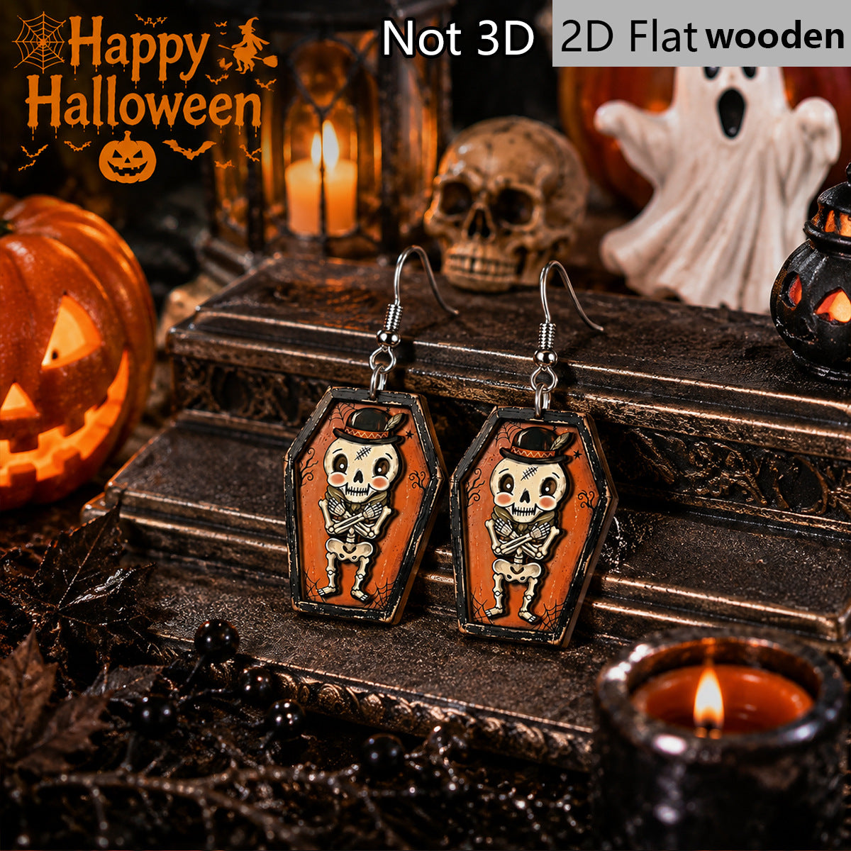 Wholesale  Wooden Earrings Coffin Frame Top Hat Skeleton Man Retro Distressed Cartoon Drop Earrings For Party Boutique