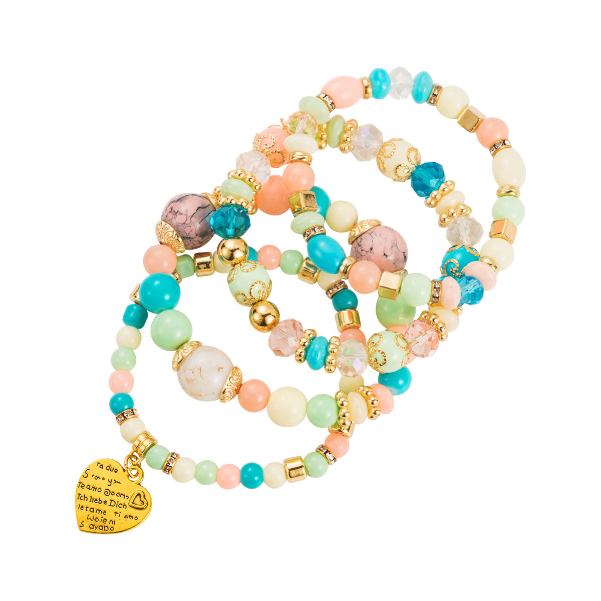 Wholesale Color Bohemian Ethnic Peach Heart Pendant Multi-layer Elastic Rice Beads Bracelet