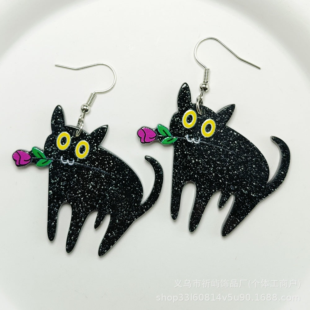 Wholesale Acrylic Sheet Cartoon Black Cat Rose Flower Earrings ACC-ES-Qiyu004