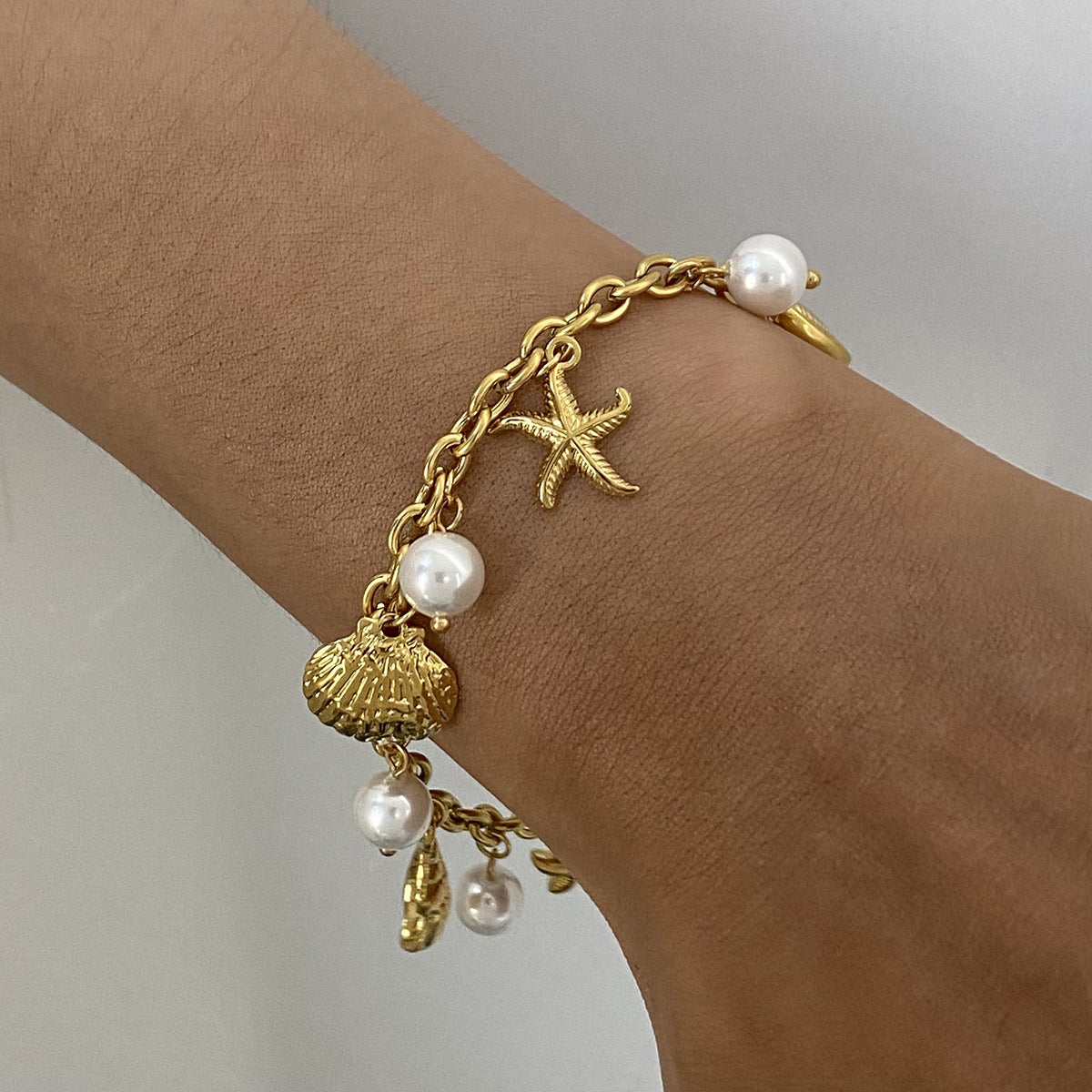 Wholesale  stainless steel 18K gold  pearl starfish bracelet