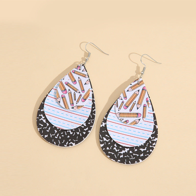 Wholesale drop-shaped three-layer graduation season printed leather earrings