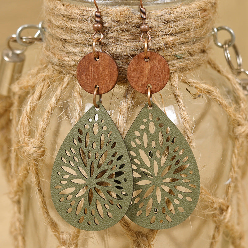 Wholesale  Bohemian Style  Retro Hollow Water Drop Wooden Leather Earrings