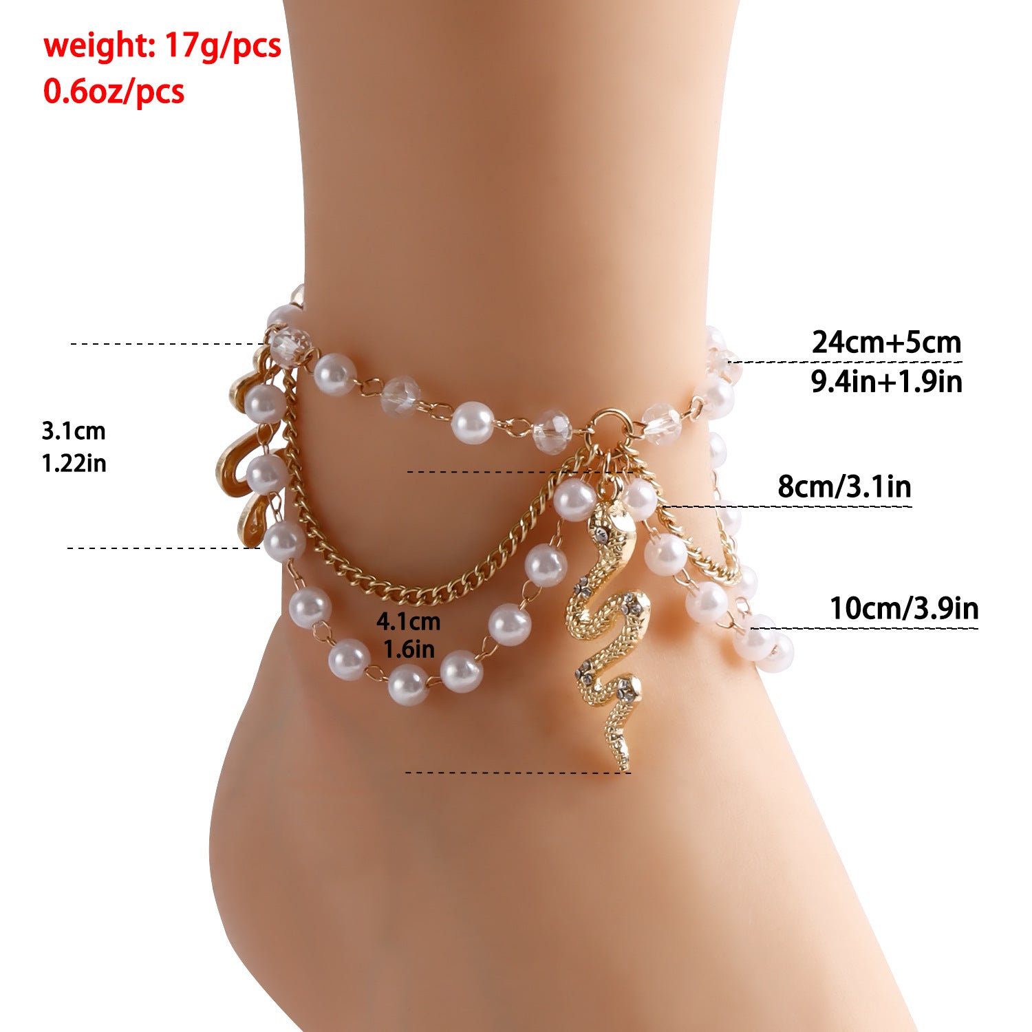 Wholesale pearl chain anklet multi-layer geometric snake pendant anklet