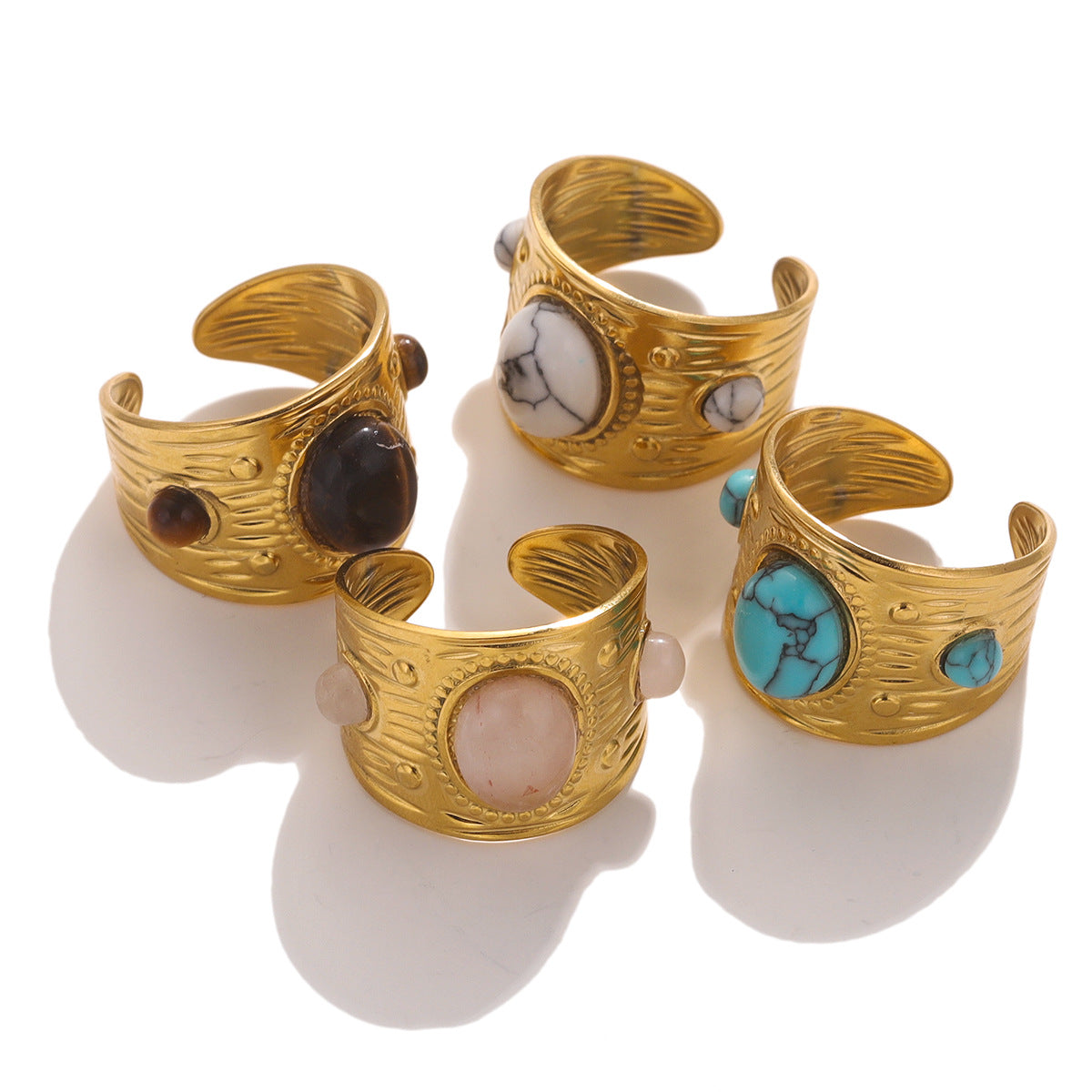 Wholesale Stainless Steel Natural Stone Ring for Women,  Geometric Design with Tiger Eye,  Trendy Jewelry Accessory for Everyday Wear
