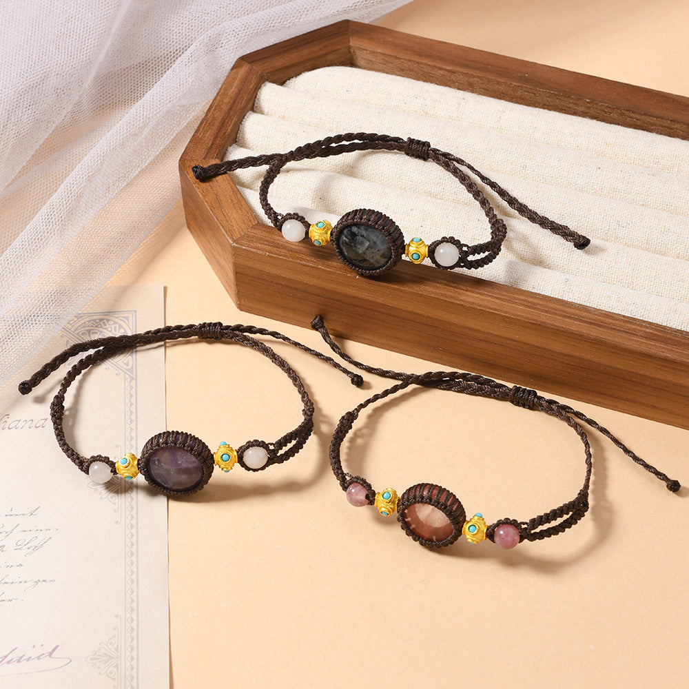 Wholesale Retro Handmade Adjustable Natural Stone Bracelet Geometric Black Glitter Beads Unisex Fashion Accessory Gift