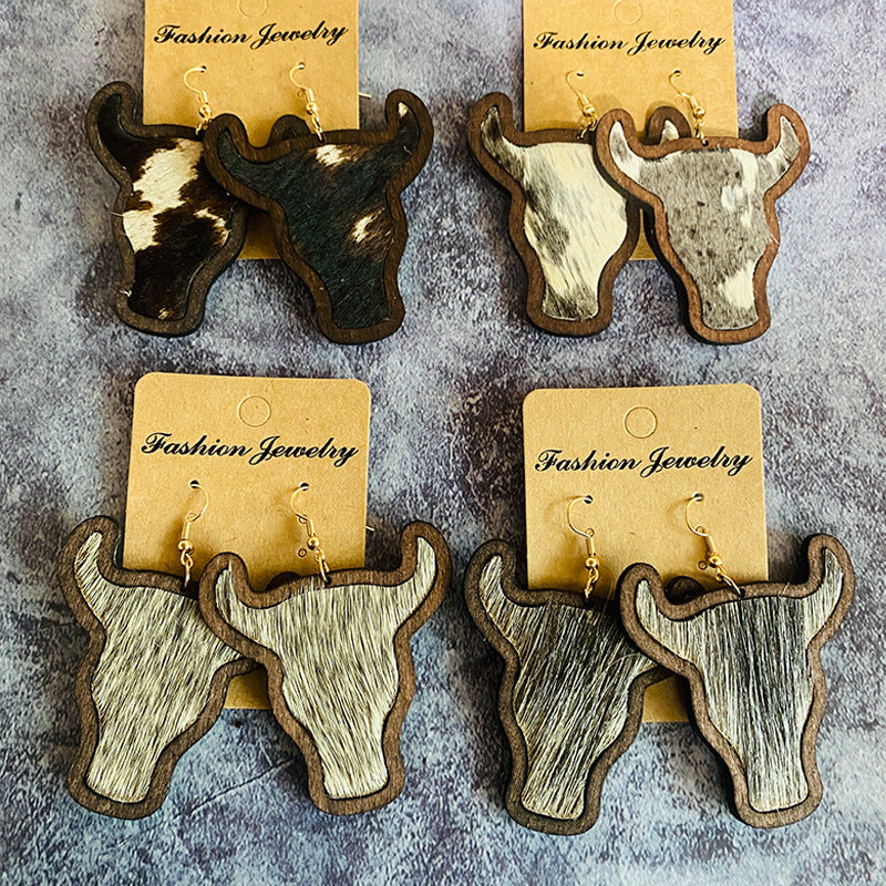 Wholesale Vintage Genuine Leather Western Bull Head Leopard Inlaid Wood Earrings ACC-ES-XinChuan065