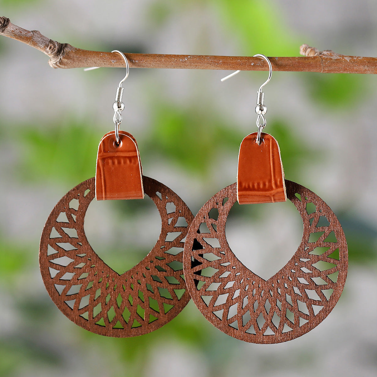 Wholesale Bohemian cut-out round drop earrings in wood PU leather panels reversible earrings