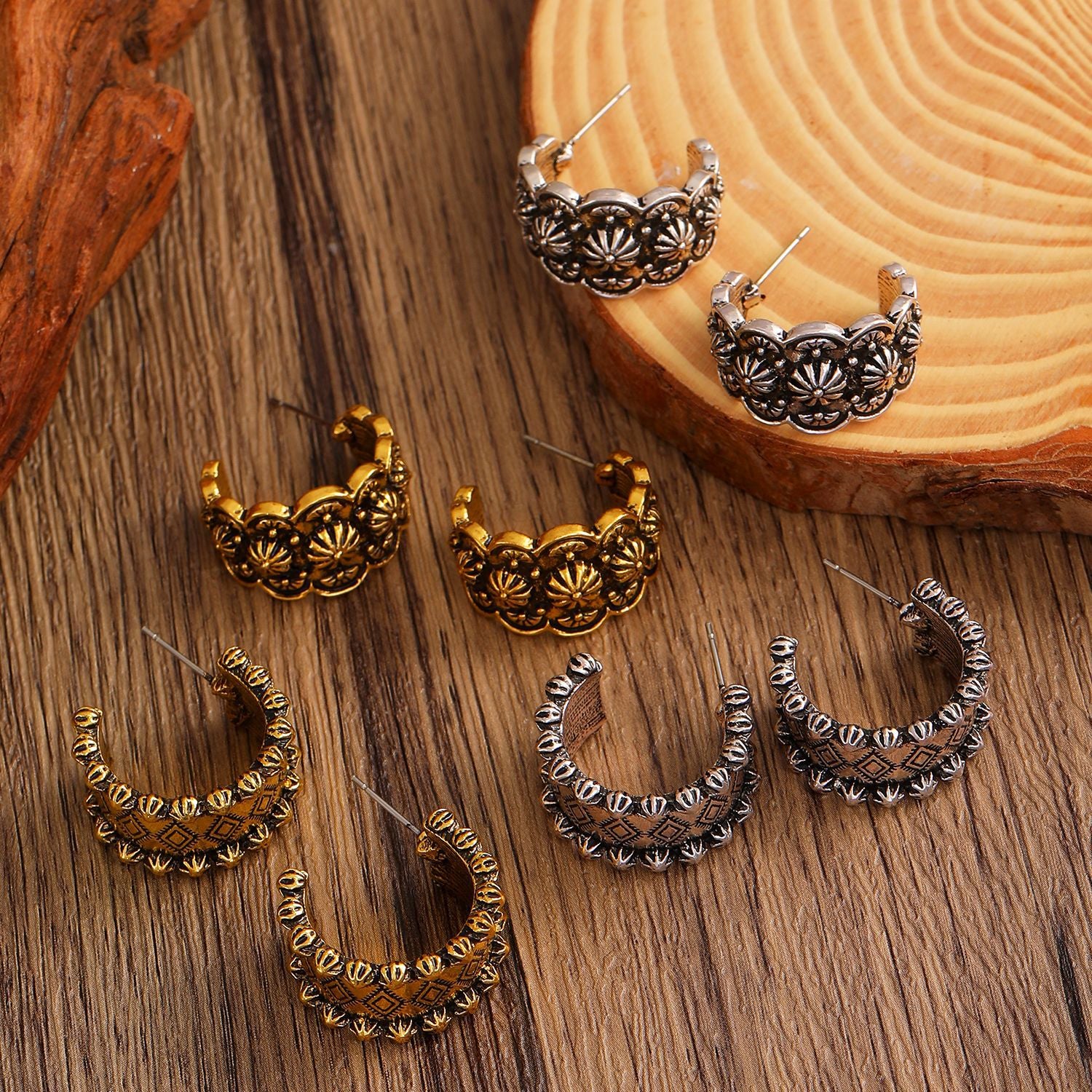 Wholesale Bohemian Ethnic Design Women S Earrings Retro Lace Floral Pattern In Antique Gold Stylish Fashion Accessory