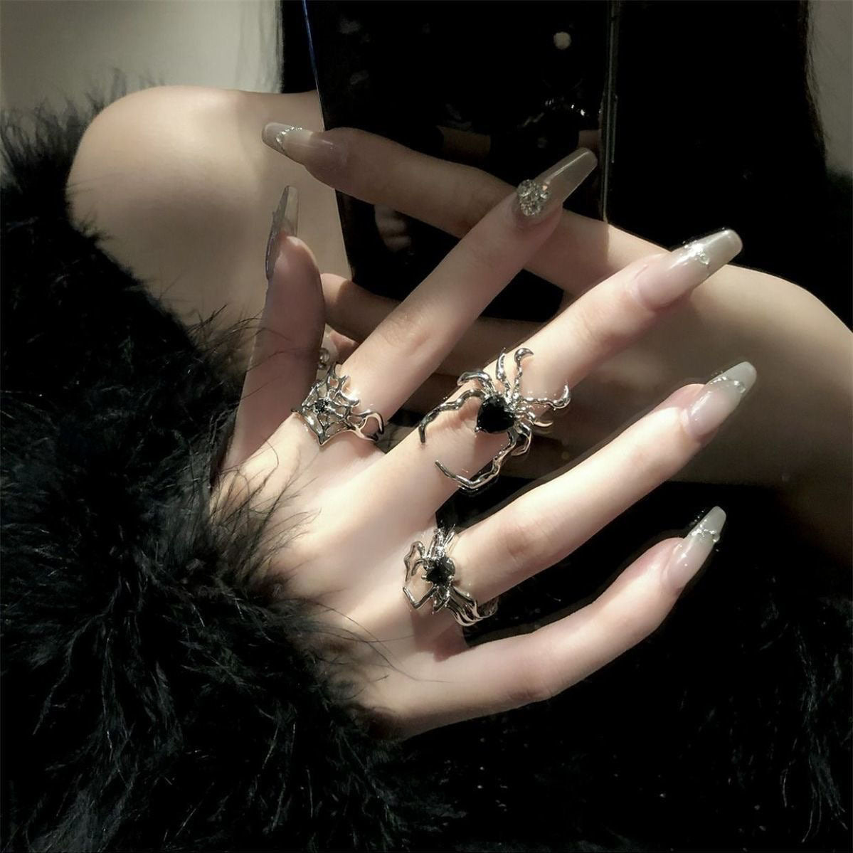 Wholesale European and American Dark Retro Black Gemstone  Nail Ring with Niche Design,  Minimalist Style,  Open-Ended Personality Ring