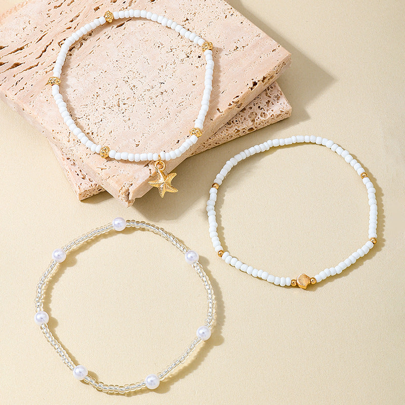 Wholesale  Bohemian Holiday Style Metal Starfish Pearl Beaded  Anklets