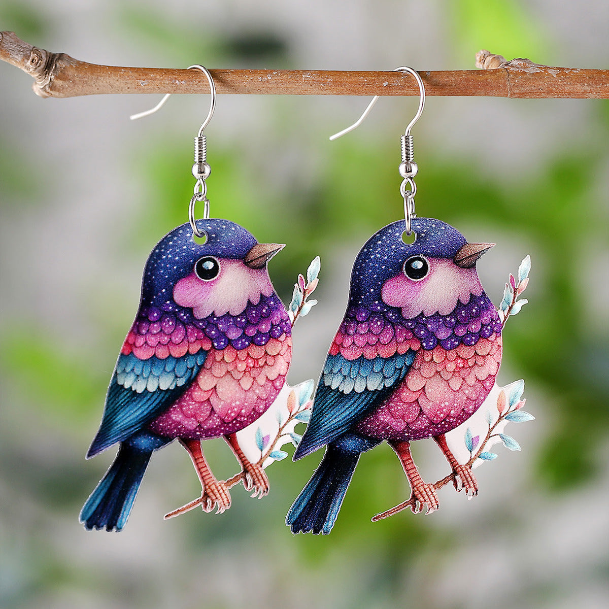 Wholesale Cute colorful bird hummingbird flower branch acrylic pendant earrings