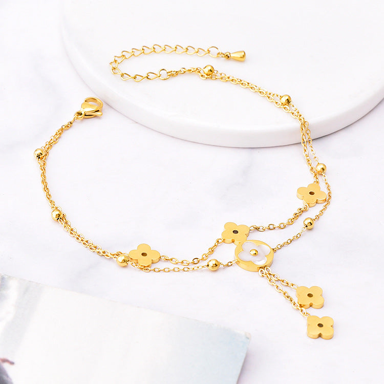 Wholesale  18K accessories double-layer flower shell tassel anklet