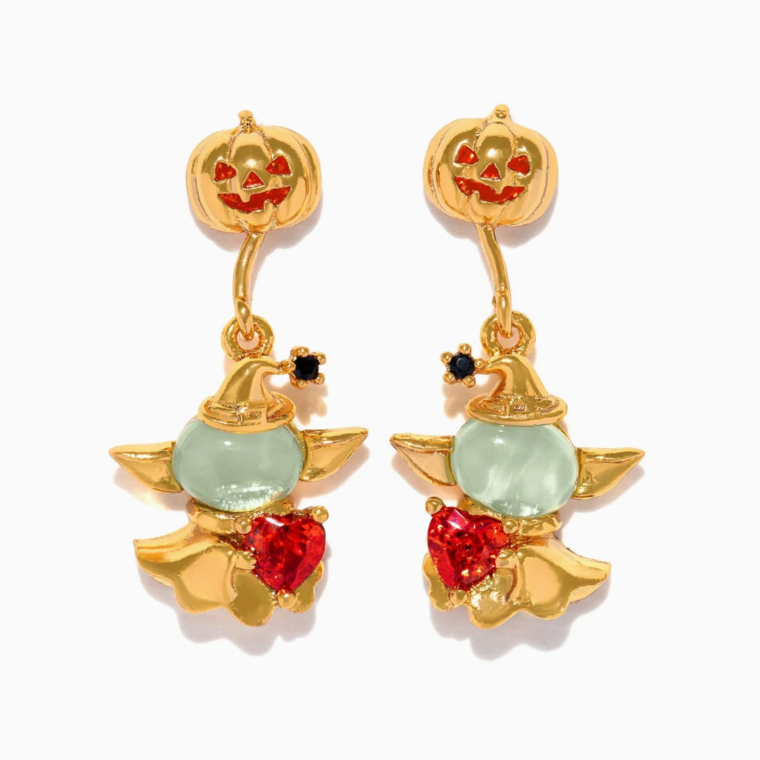 Wholesale  Creative Halloween Copper Gold Plated Funny Oil Dropping Zircon Cartoon Pumpkin Ghost Earrings