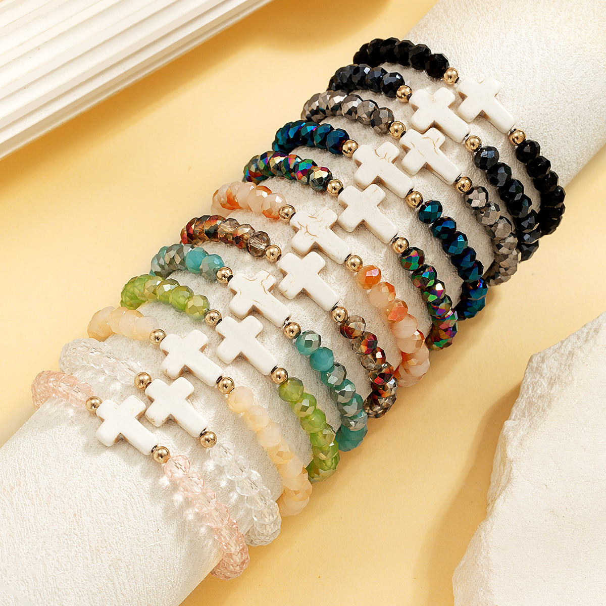 Wholesale retro ethnic style cross crystal gold bead elastic bracelet