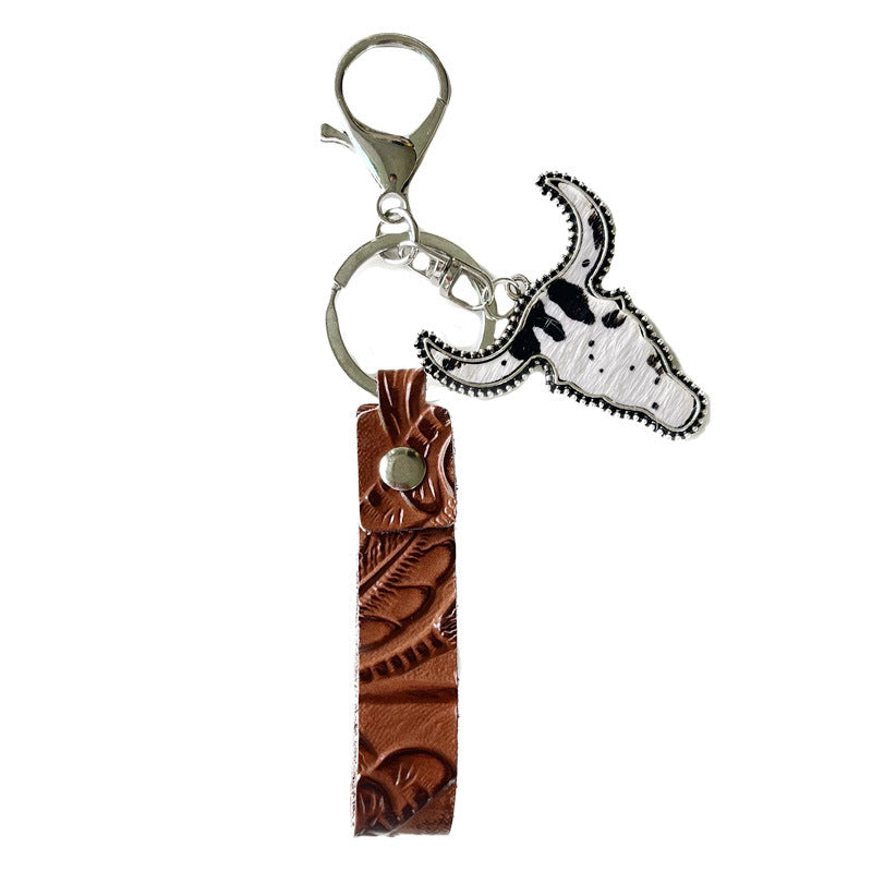 Wholesale of 2pcs/pack Western Style Cowhead Genuine Leather Keychains ACC-KC-HY002