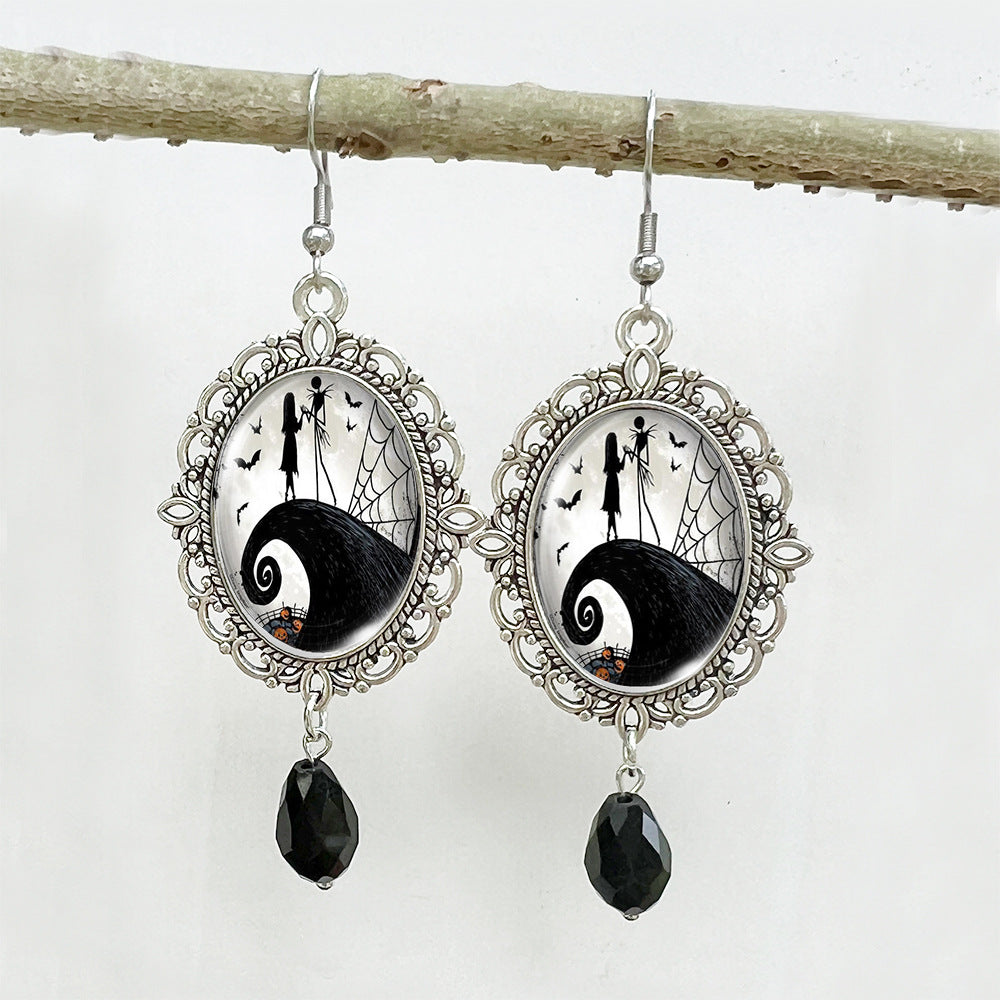 Wholesale Halloween Stainless Steel Ear Hook Oval Lace Metal Earrings ACCVIP-ES-XiangLian004